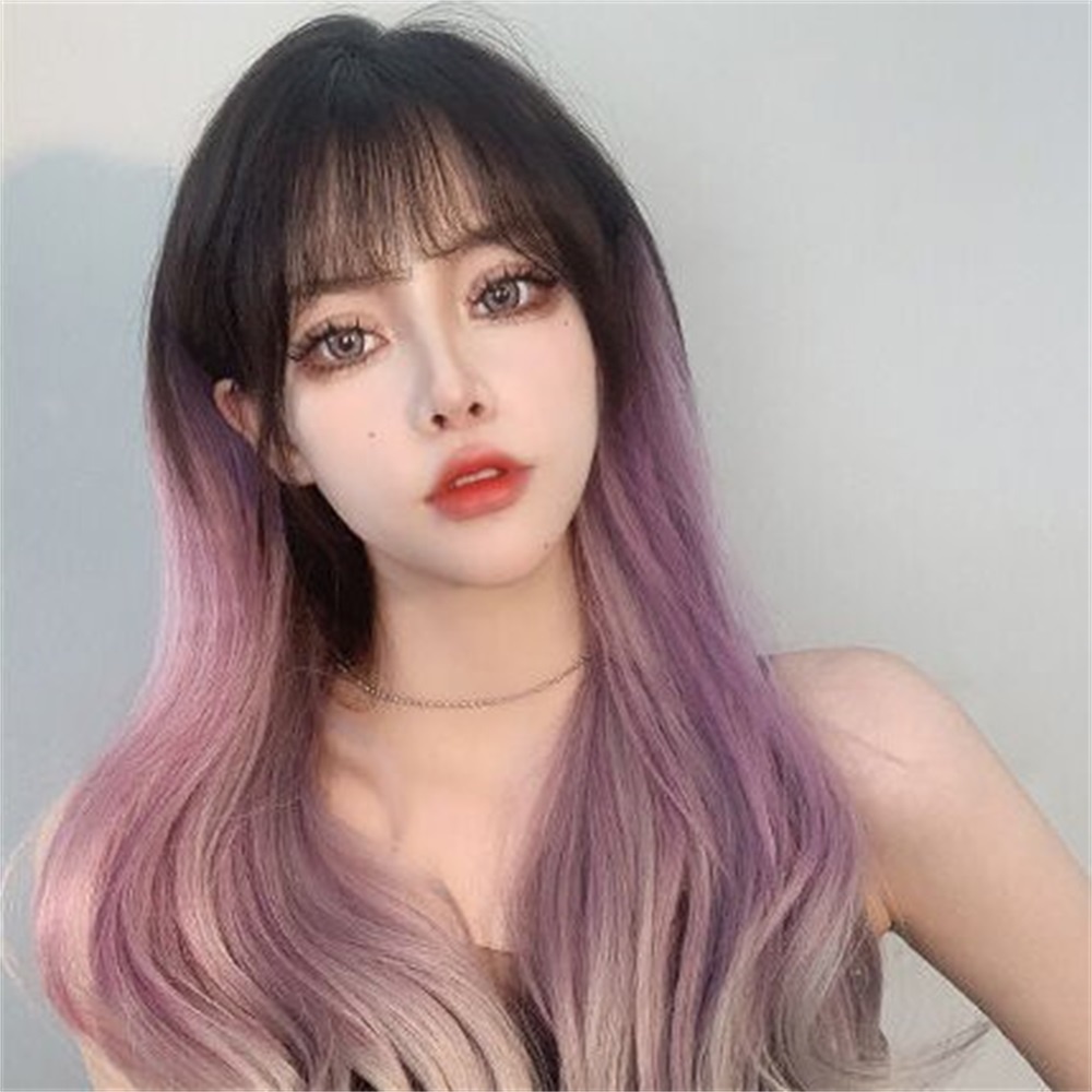 Gradien Warna Wig Potongan Wanita Panjang Keriting Ungu Abu Ponytail Wig Rambut Ekstensi