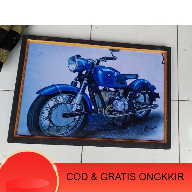 Lukisan murah poster murah hiasan dinding gambar motor cb klasik plus bingkai ukuran 85X65