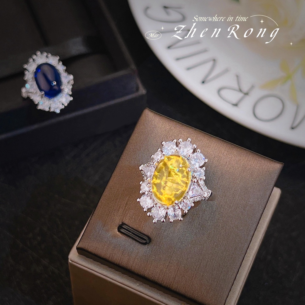 Goldkingdom Fashion Perhiasan Aksesoris Ready Stock French Retro Polos Royal Blue Permata Cincin Berlian Imitasi Penuh Es Kuning Berlian Cincin Gadis