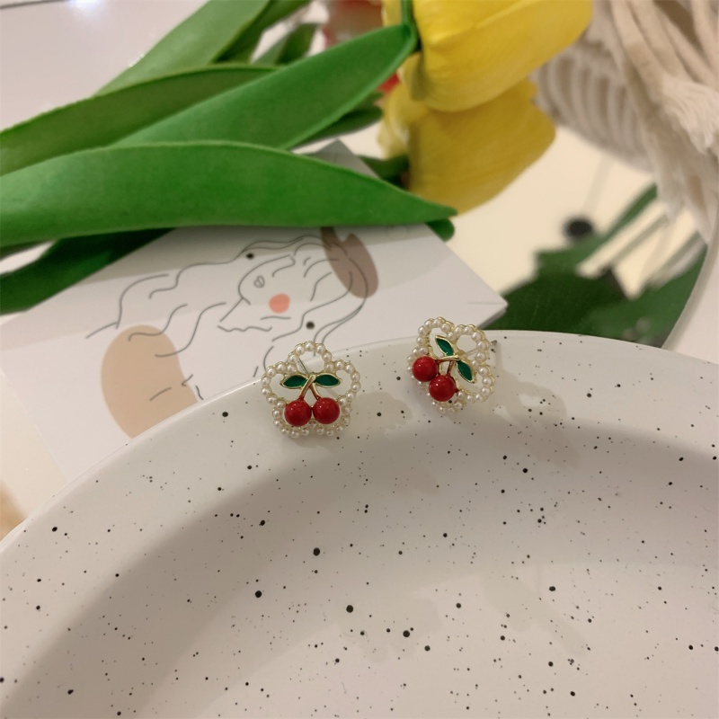 Anting Mutiara Cherry Jepang Manis Lucu Giwang Telinga Bunga Merah Untuk Perempuan Yang Indah