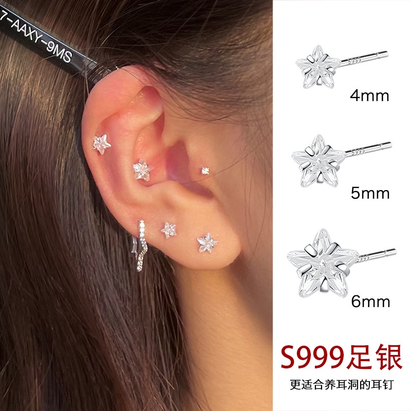 999 Sterling Perak Zirkon Anting pentagram Edisi Korea Indah Dan Sederhana Zirkon Sterling Silver Earrings