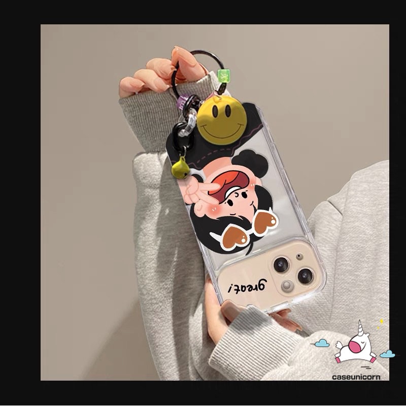 IPHONE Kartun 3D Smiley Gelang Case Kompatibel Untuk Iphone11 13 12 14 Pro Max7 8 14 Plus XR X XS MAX SE Pasangan Lucu Cowok Cewek Shockproof Lembut Kreatif Flip Make Up Cermin Cover