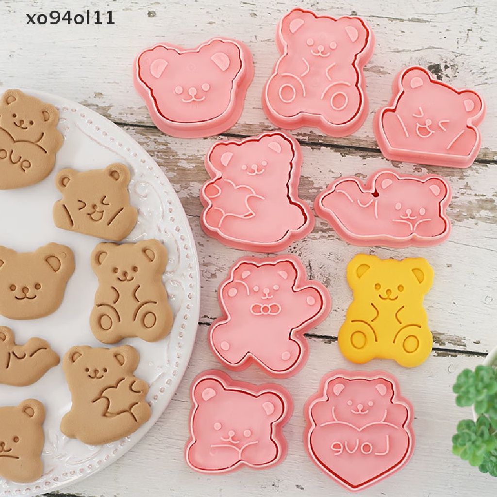 Xo 8PCS Pemotong Kue Kering Bentuk Beruang Plastik 3D Cookie Stamp Biskuit Pressable Mold OL