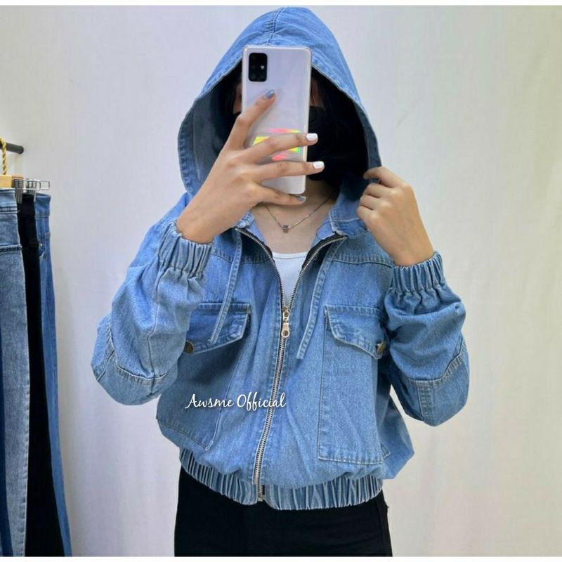 Jaket Jeans Cewek Wanita Hoodie Resleting Casual