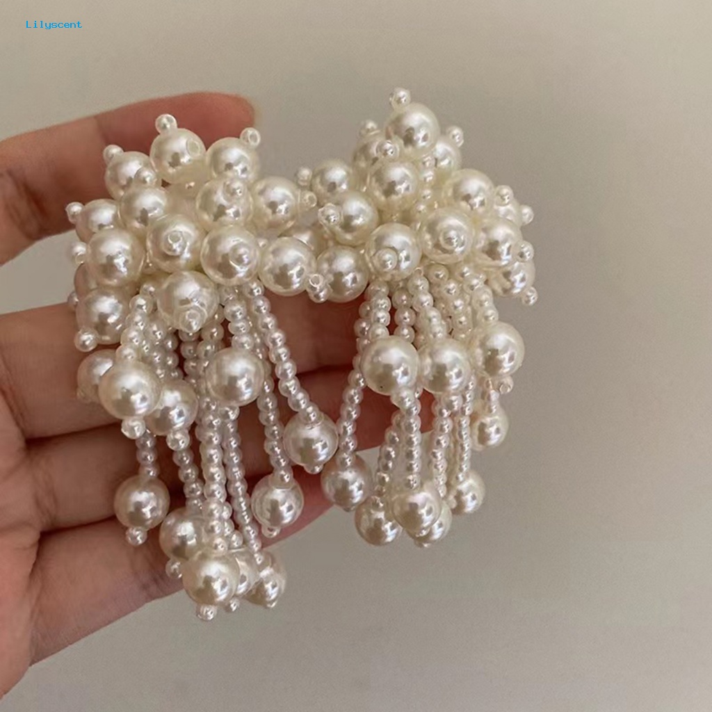 Lilyscent 1pasang Beige Drop Earrings Fashion Aksesoris Elegan Mutiara Imitasi Rumbai Stud Earrings Kepribadian