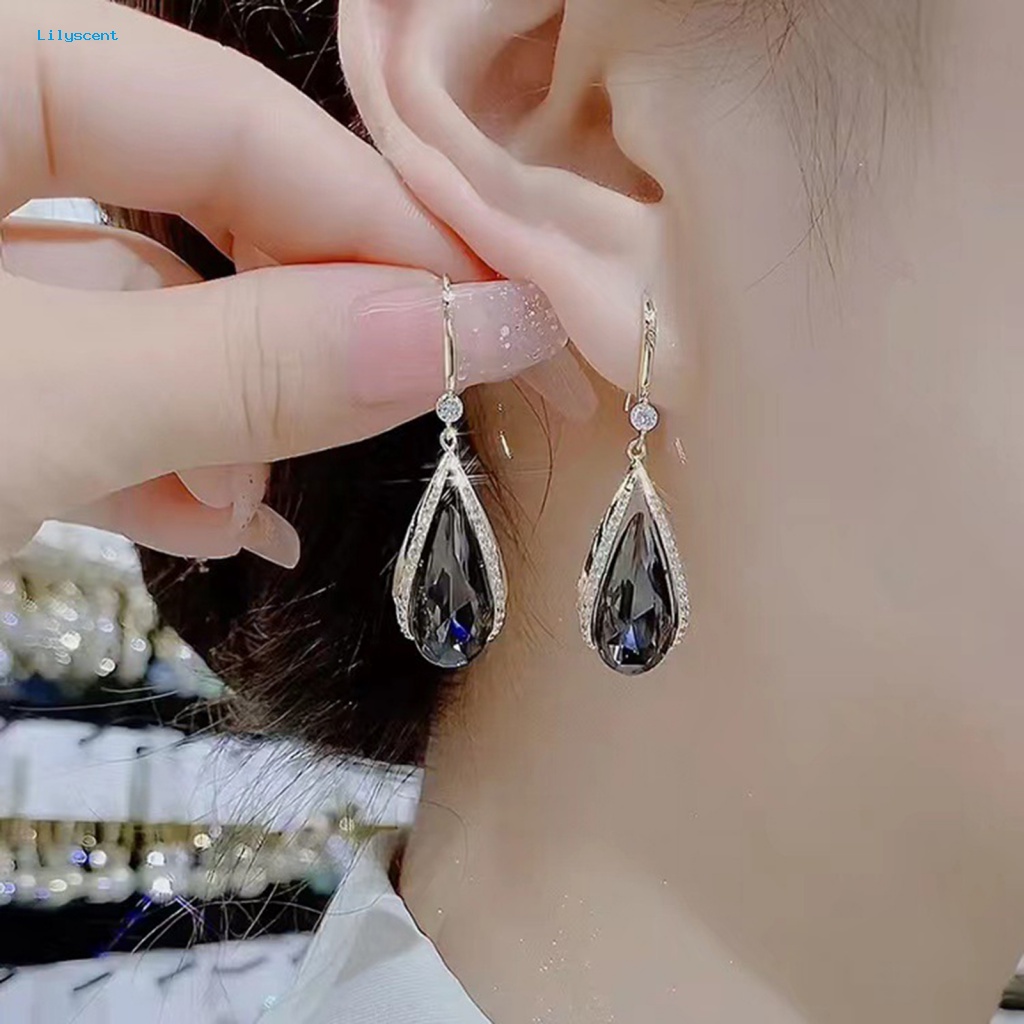 Lilyscent 1pasang Peri Wanita Anting Fashion Perhiasan Imitasi Kristal Biru Tetesan Air Drop Earrings Hollow