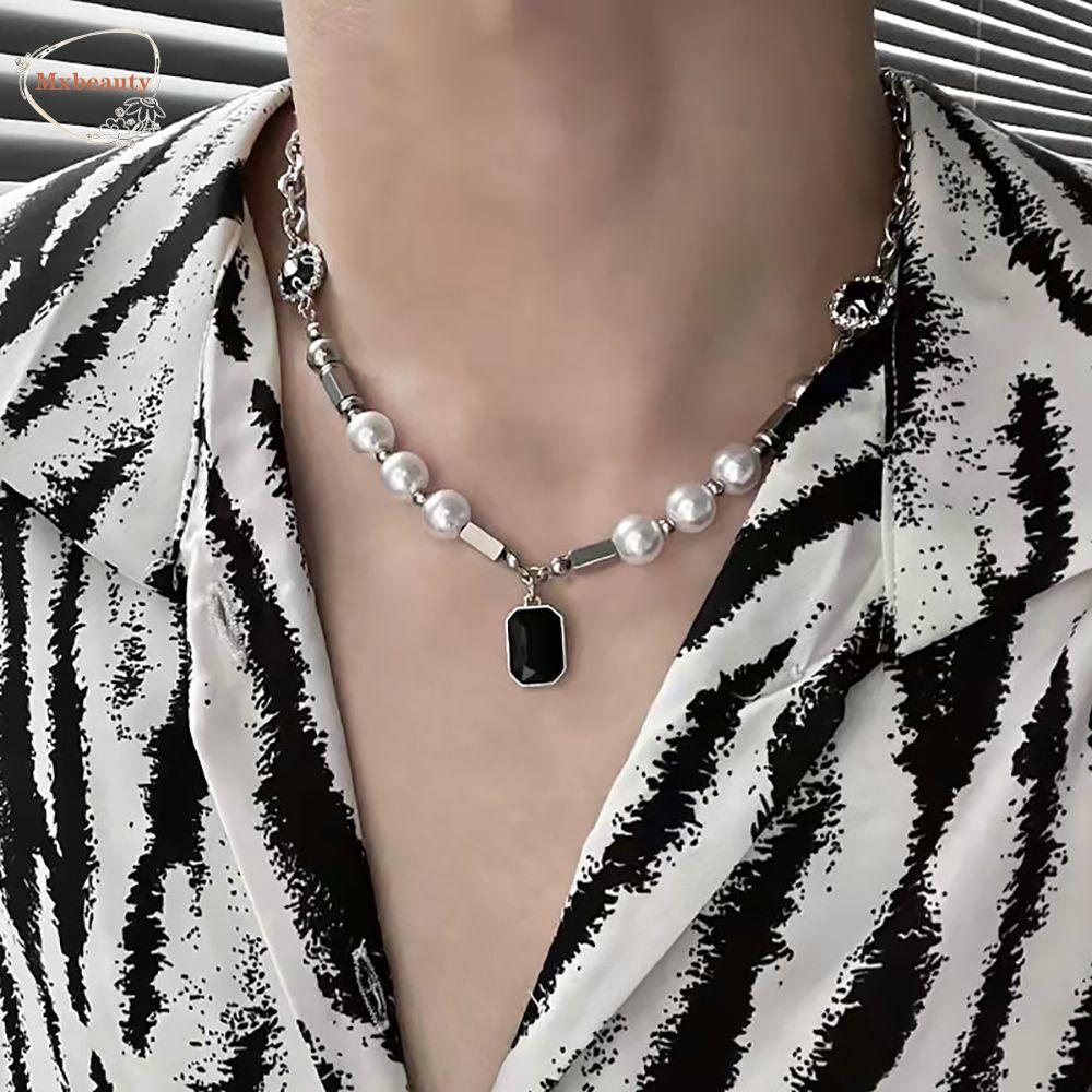 Mxbeauty Kalung Mutiara Trendy Geometris Hadiah Pesta Liontin Permata Hitam Angin Dingin Gaya Klavikula Rantai