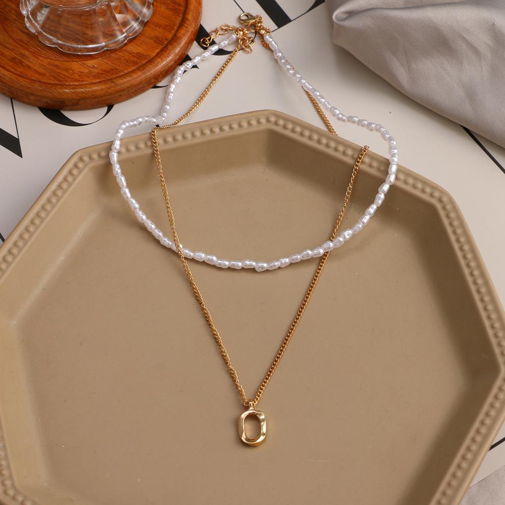 Kalung Mutiara Double Layer Multilayer dengan Rantai Liontin Persegi