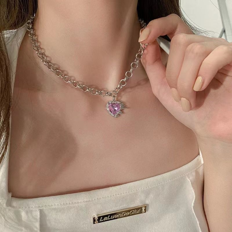 Yeezii Elegan Ungu Zirkon Jantung Liontin Kalung Kristal Perak Rantai Choker Untuk Wanita Perhiasan Aksesoris