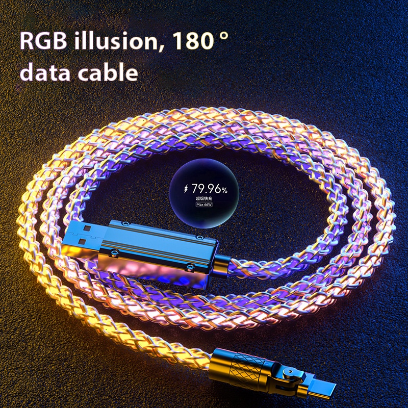 66w Kabel Pengisian Cepat 180derajat Siku Berputar Machinist Kabel Data RGB Menyala Tipe-C: Micro USB Untuk iPhone Sumsang 1M