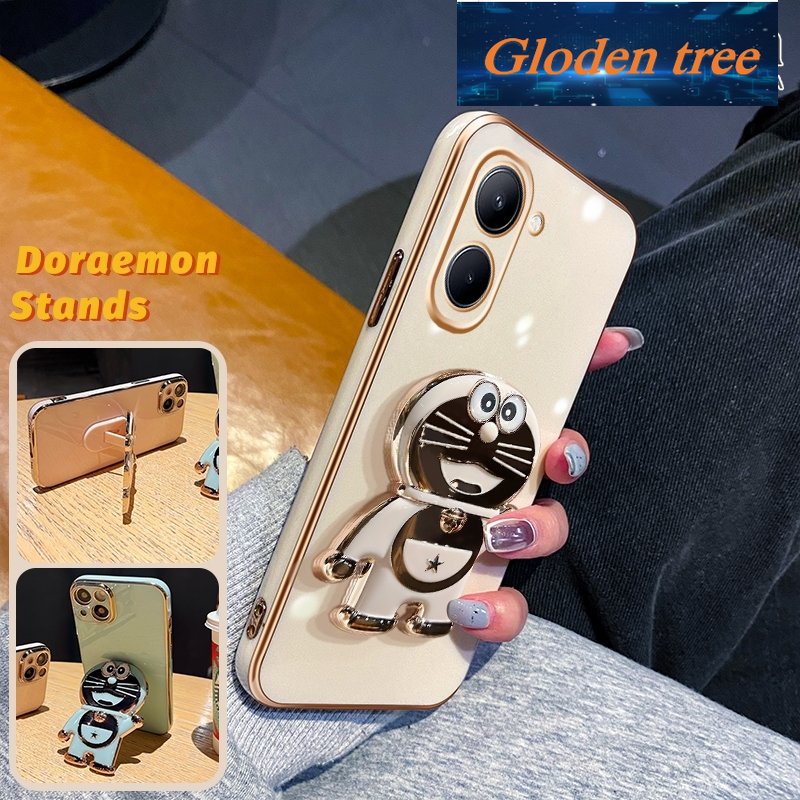Gloden tree Casing Untuk Realme C33 Case Fashion Kartun Doraemon Lipat Stand Phone Case Electroplating Shockproof Phone Holder Case