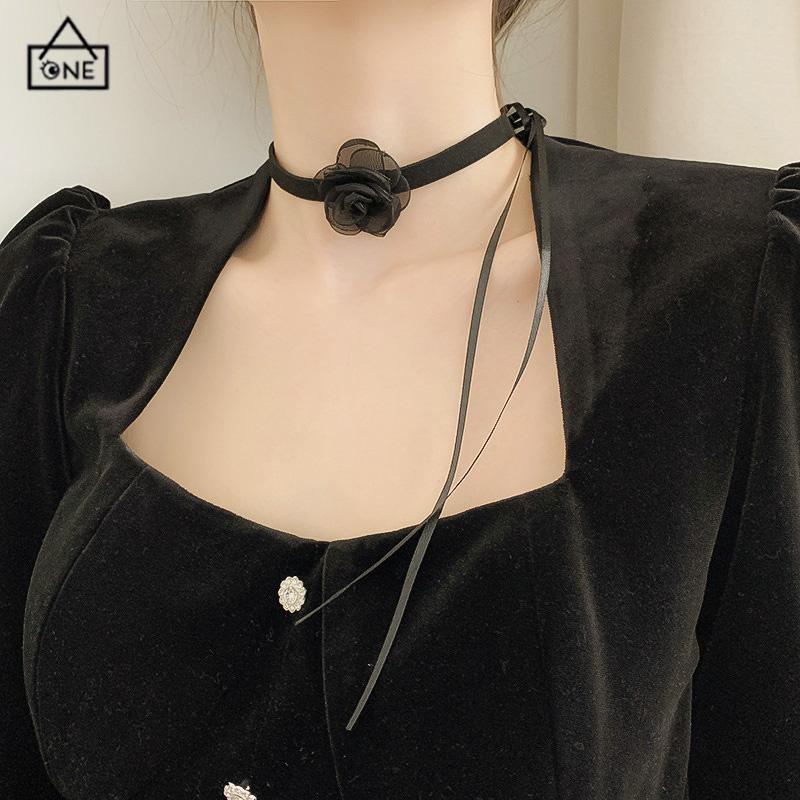 COD❤️Waktu Seksi Choker Kerah Perhiasan Retro-Hitam Renda Camellia Kalung Pesta Makan Malam Neck-Band Wanita Fashion Adjustable Neckl-A.one