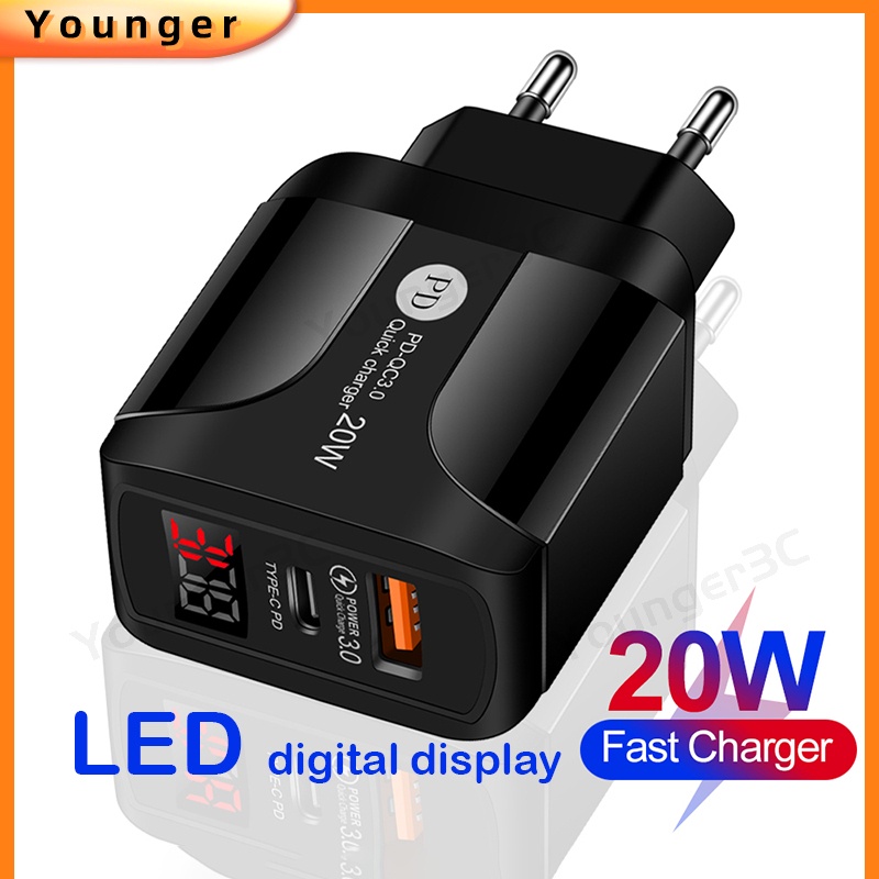 20wpd+qc Digital Display Fast Charging Charger QC3.0 Dual Port LED Charging Adapter Pengisian Cepat Charger Travel Untuk ios Android Tipe C