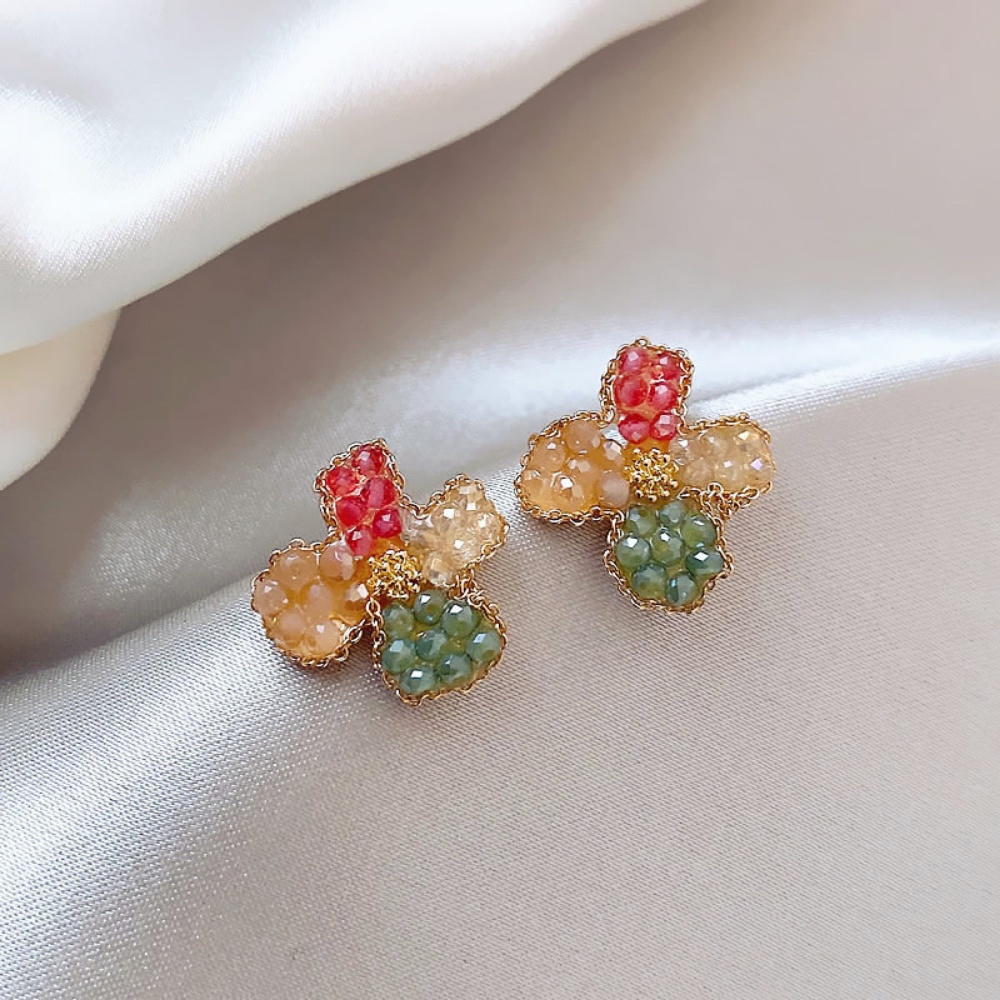 Deartiara Anting Bunga Kristal Imitasi Berwarna Vintage Dengan Desain Kecil, Anting Kelopak Empat Warna Segar Dan Elegan