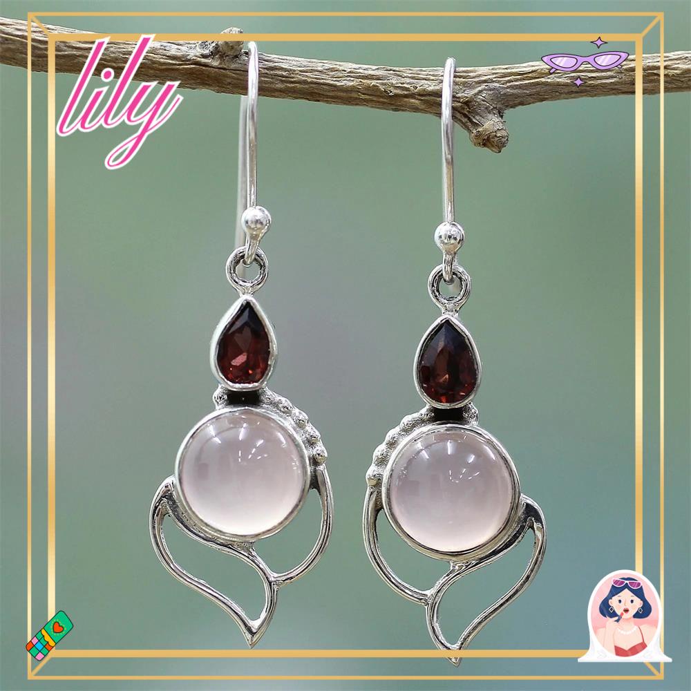 Anting LILY Moonstone Chic Perhiasan Pernikahan Pertunangan Kait Garnet Ruby Chalcedony