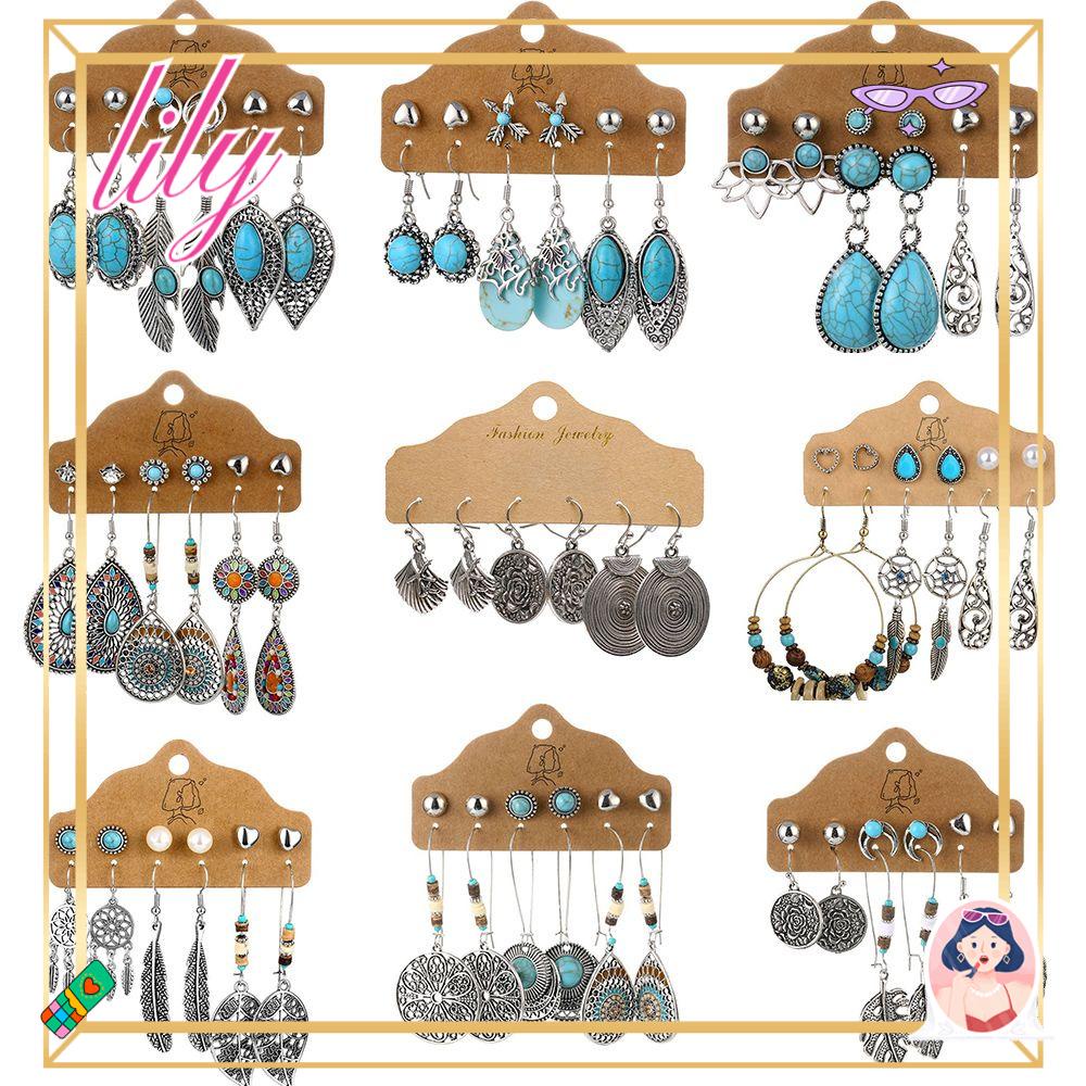 Anting LILY Turquoise Set Perhiasan Bohemian Warna Silver Panjang