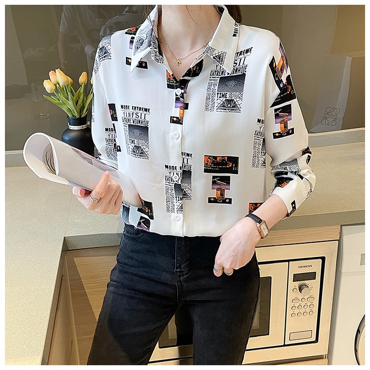 Fashion Korean White Letter Print Casual Work Long Sleeve Women Shirt Kemeja Wanita Lengan Panjang
