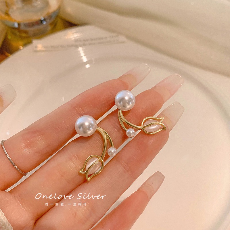 Anting Tusuk Mutiara Tulip Korea Anting Opal Emas Untuk Aksesoris Perhiasan Fashion Wanita