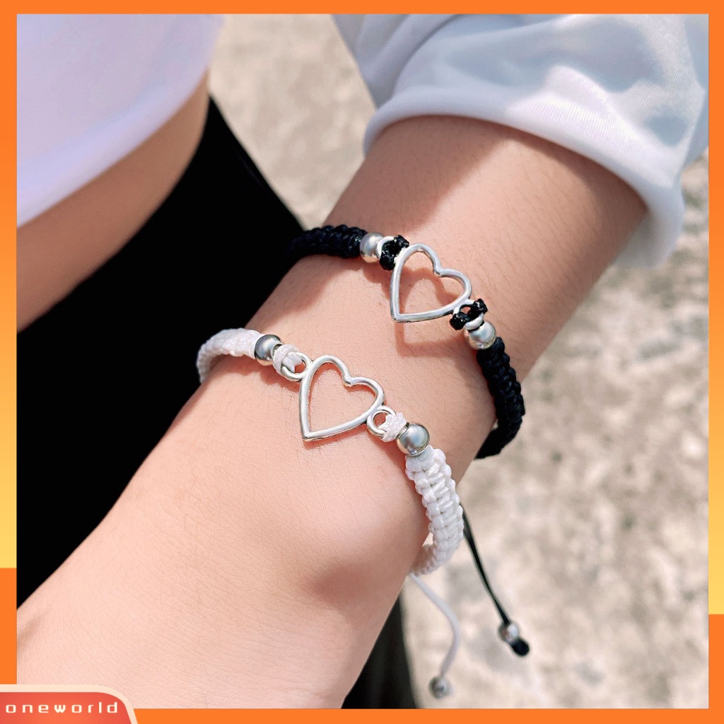 [EONE] 2pcs Gelang Tangan Tenun Adjustable Strand Hand Made Tahan Aus Dekorasi Geometris Berongga Pencocokan Jarak Jantung Gelang Aksesoris Pakaian