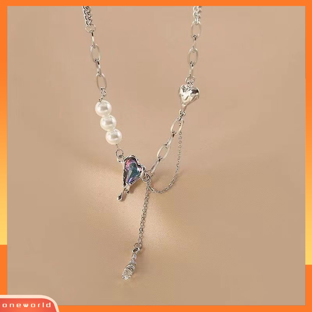 [EONE] Charm Kalung Rumbai Rantai Gaya Senada Electroplating Faux Pearl Personality Neck Decoration Charming Accessories Love Heart Faux Crystal Pendant Necklace Untuk Kehidupan Sehari-Hari