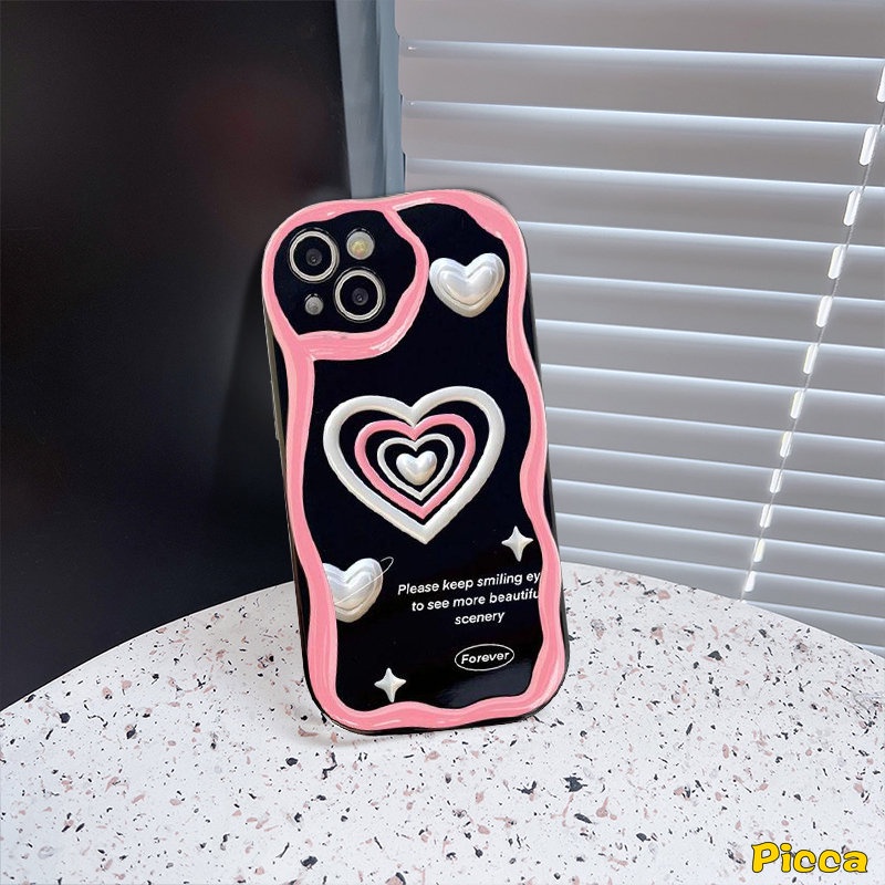 Ins Pink Leopard Love Heart Phone Case Kompatibel Untuk IPhone XR 7Plus 8Plus 11 12 13 14 Pro Max X7 8 6s 6 Plus XS Max SE 2020 3D Wavy Curved Edge Glossy Shockproof Soft Tpu Cover