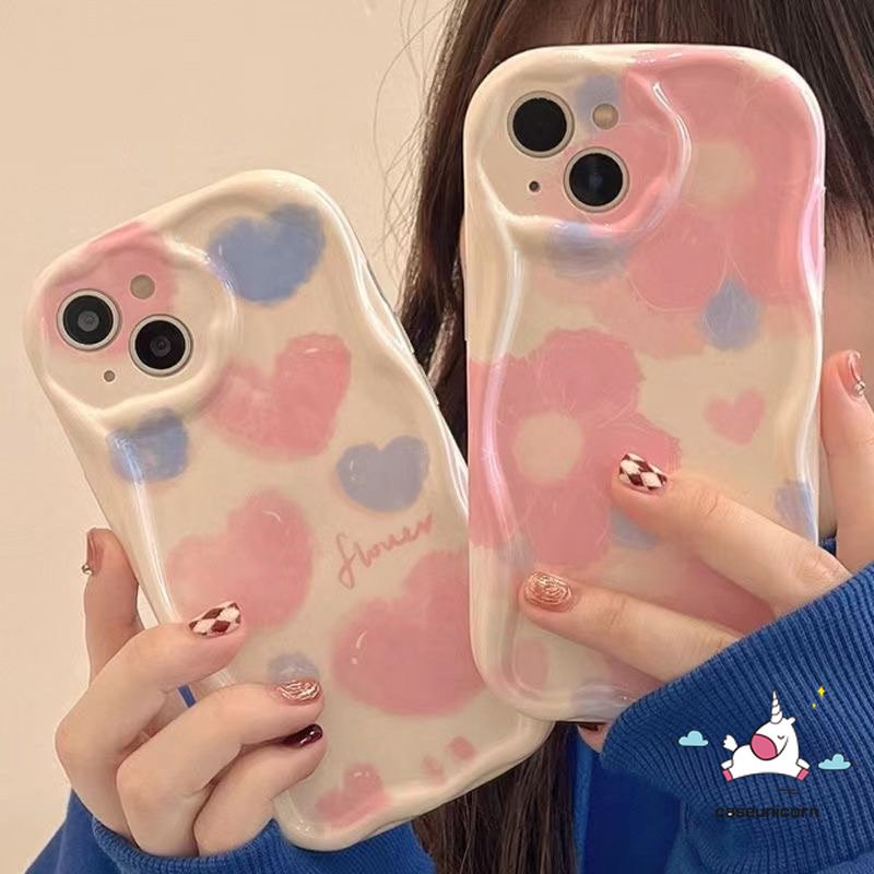 Casing Tepi Lengkung Bergelombang 3D Shockproof Kompatibel Untuk iPhone 7Plus 11 14 12 13 Pro Max XR X7 8 6s 6 Plus XS Max SE 2020 8Plus Pink Watercolor Flower Love Heart Soft Glossy Cover