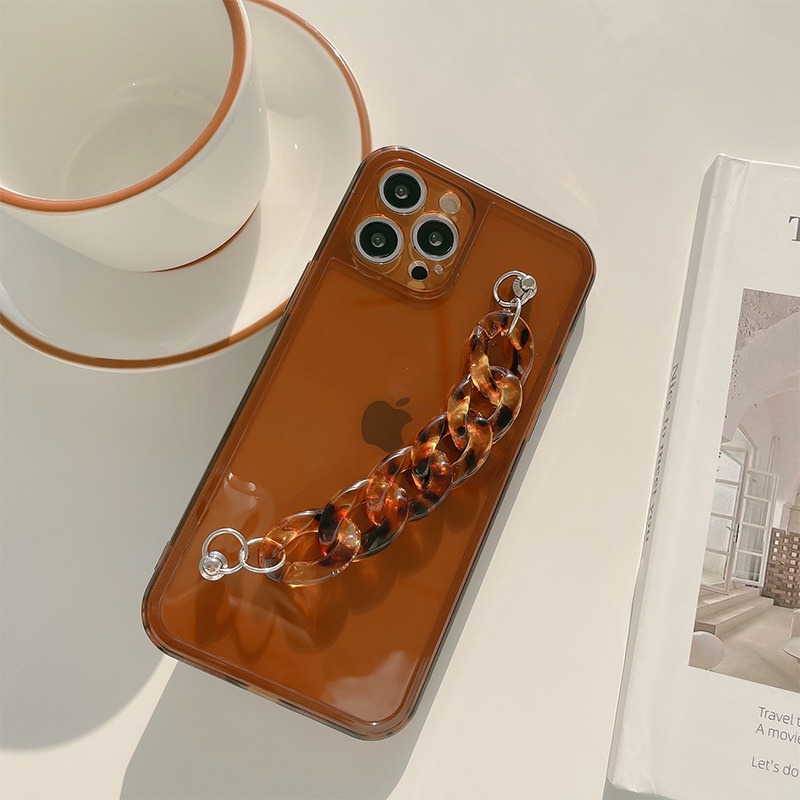 Ins Brown Casing Transparan Dengan Rantai Amber Untuk Iphone SE 2020 7 /8 Plus 14x XR XM 11 12 MINI 13 PRO MAX Casing Cover Pelindung AT0233