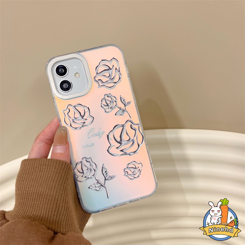 Casing iPhone Rasa Metalik Canggih Kompatibel Untuk Iphone14 13 12 11 Pro Max X Xr Xs Max8 7 Plus SE 2020 Laser Pelindung Layar Penuh Mawar Soft Case Bening Silikon Cover Pelindung