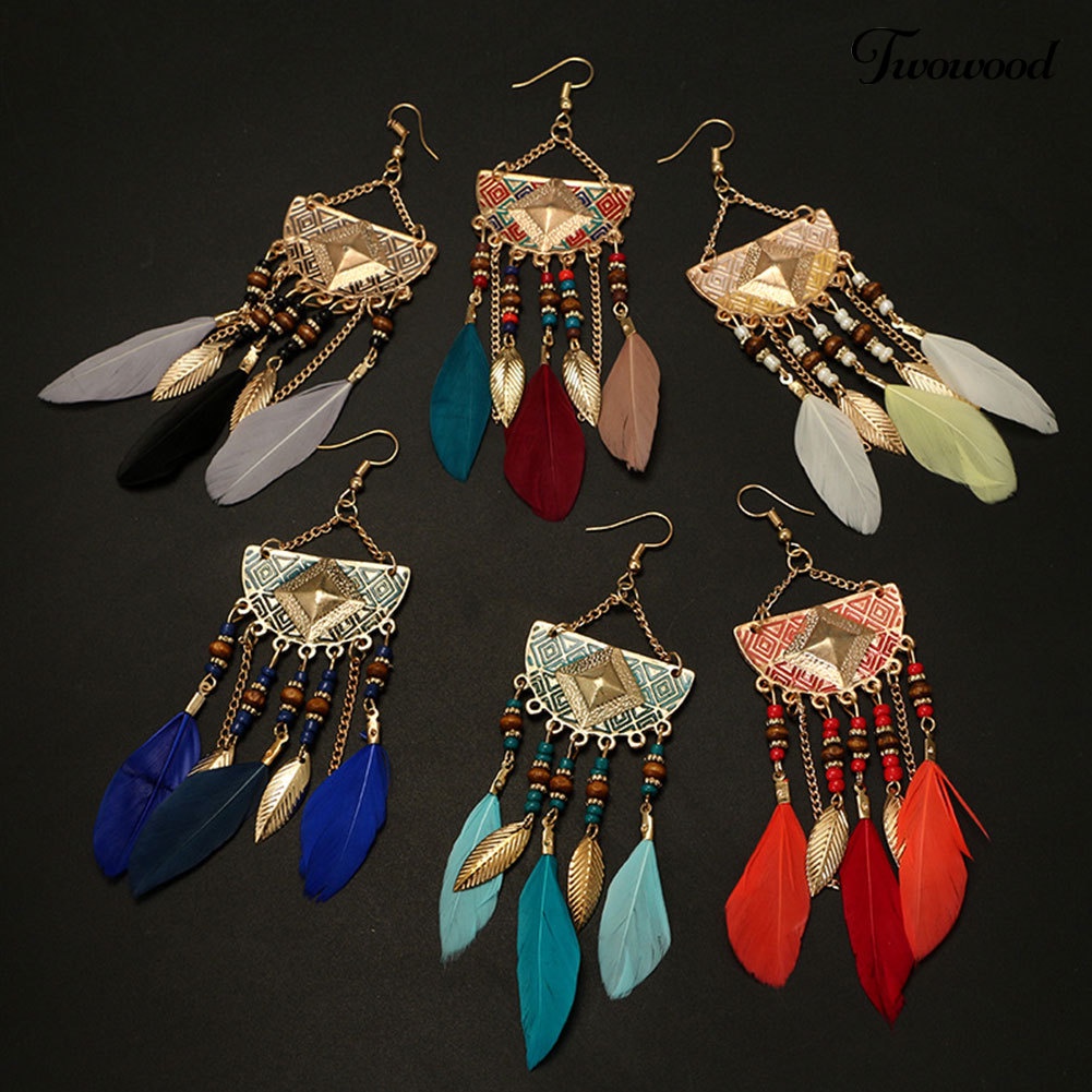 Twowood Boho Geometris Bentuk Kipas Rumbai Manik-Manik Bulu Anting Statement Lady Ear Hooks