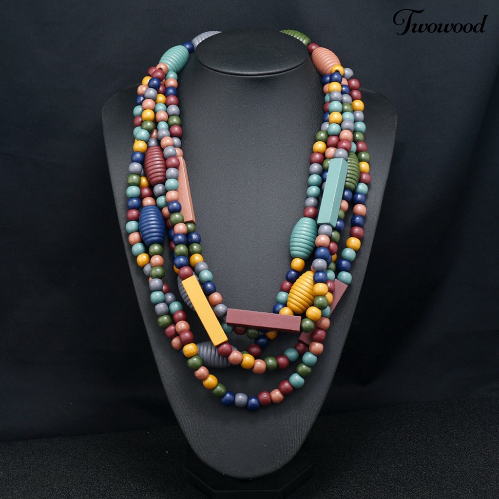 Twowood Pesta Kalung Berlebihan Vintage Multilayer Handmade Colorful Beads Dress Up Fashion Item Etnik Rumbai Kayu Manik-Manik Bib Kalung Pesta Liburan Perhiasan