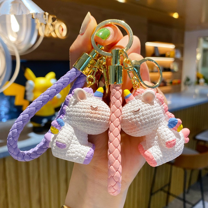 Hadiah Lucu 3D Pola Rajut Kartun Unicorn Magic Kepang Hewan PU Tali Kulit Gantungan Kunci Mobil Rumah Gantungan Kunci Tas Telepon Case Bluetooth Earphone Cover DIY Liontin