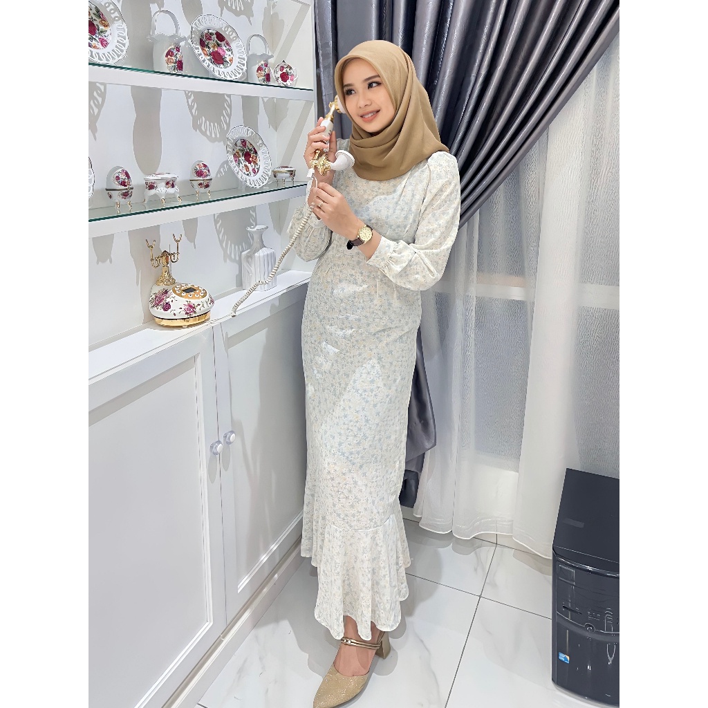 Best Seller [Sifon berkualitas tinggi] AIMEI Biru fishtail floral dress wanita baru Perancis lengan 