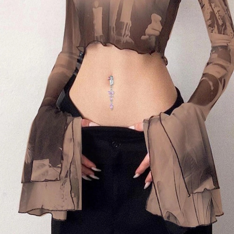 Fashion Boho Shiny Zircon Butterfly Pendant Belly Button Rings Bedah Yang Indah Stainless Steel Pusar Belly Rings Wanita Tubuh Perut Bar Piercing Perhiasan