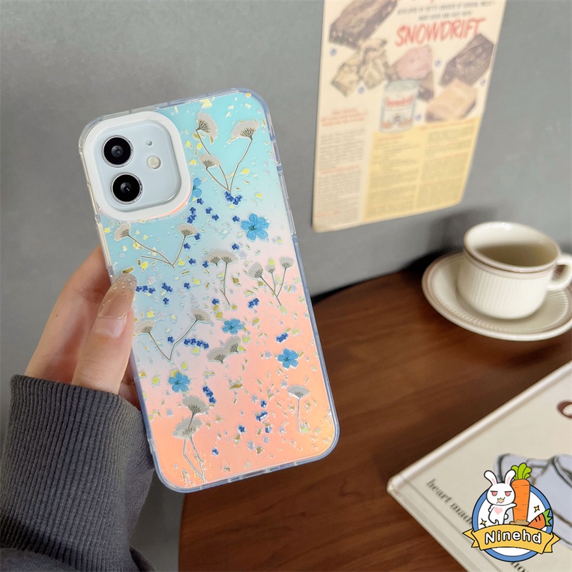 IPHONE Casing Kompatibel Untuk Iphone14 13 12 11 Pro Max X Xr Xs Max8 7 6 Plus SE 2020 Ins Halo Dye Gradasi Laser Dicat Bunga Rumput Ponsel Case Anti-Jatuh Silikon Akrilik Hard Case