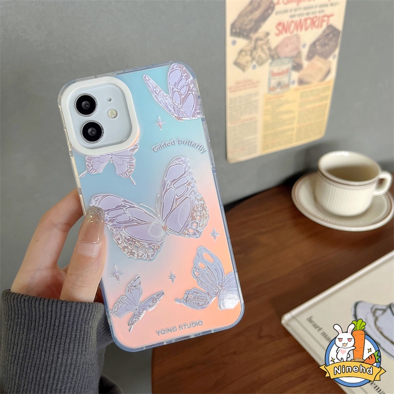 Casing iPhone Laser Keras Matte Pola Kupu-Kupu Gradien Mewah Kompatibel Untuk Iphone14 13 12 11 Pro Max X Xr Xs Max8 7 Plus SE 2020 Gaya Korea Lembut Shockproof Bumper Phone Case