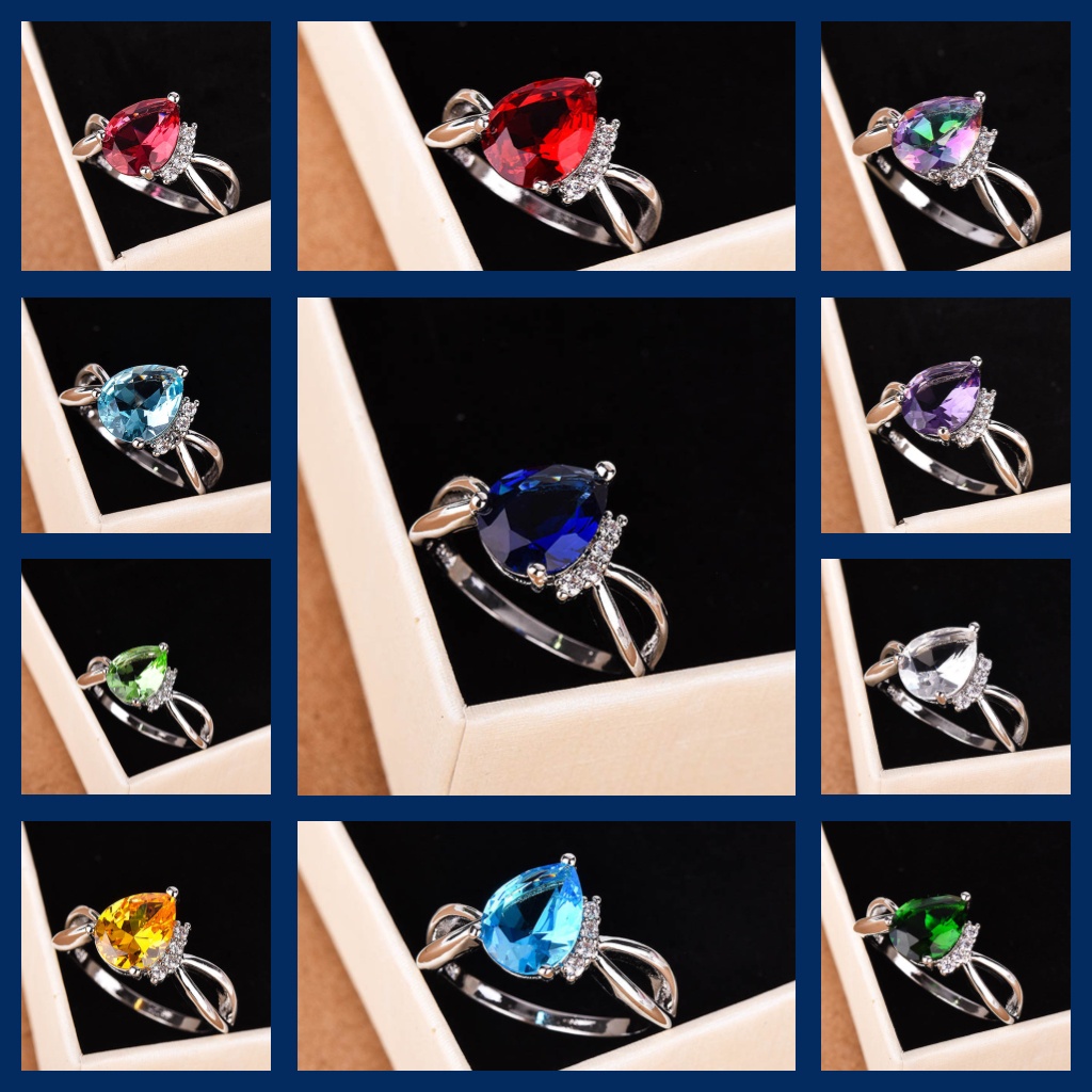 Goldkingdom Fashion Perhiasan Aksesoris Ready Stock Desember Birthstone Cincin Tetes Air Pear Berbentuk Safir Cincin