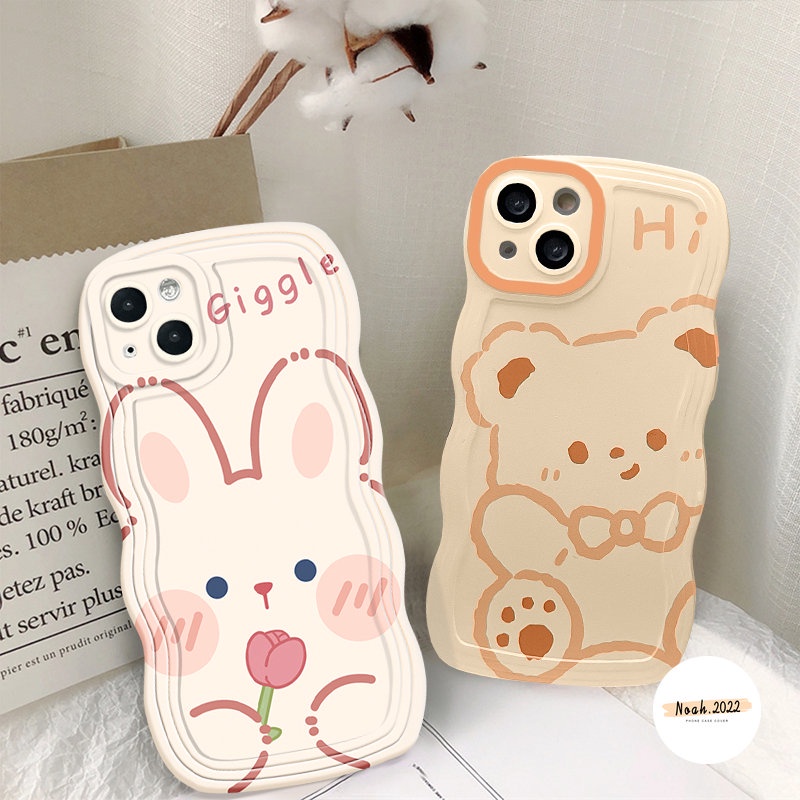 Case OPPO A17 A12 A78 A5 A9 A17K A15 A55 A16K A54s A95 A58 A57 A16 A3s A96 A5s A74 A16s A54 A76 A52 A7 A1k A53 Reno 8T 7 6 A77s A77 Kartun Beruang Kelinci Lucu Lembut Bergelombang Sarung Tepi