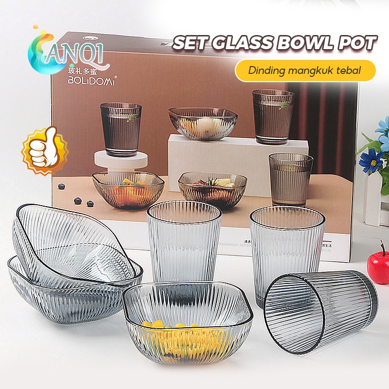 ANQI SHOP 2 IN 1 / Gelas Kaca Gelas Polos + Mangkok Kaca Bulat Besar/Mangkok Bening/Mangkok Sayur/Ma