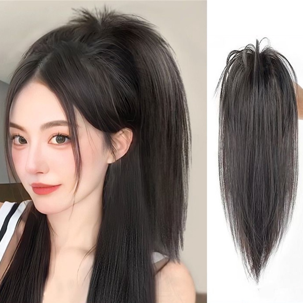 Wig Rambut Berbulu Panjang Alami Wanita Perempuan Setengah Ekor Kuda Sarang Ayam Kepala Ekstensi Rambut 40cm