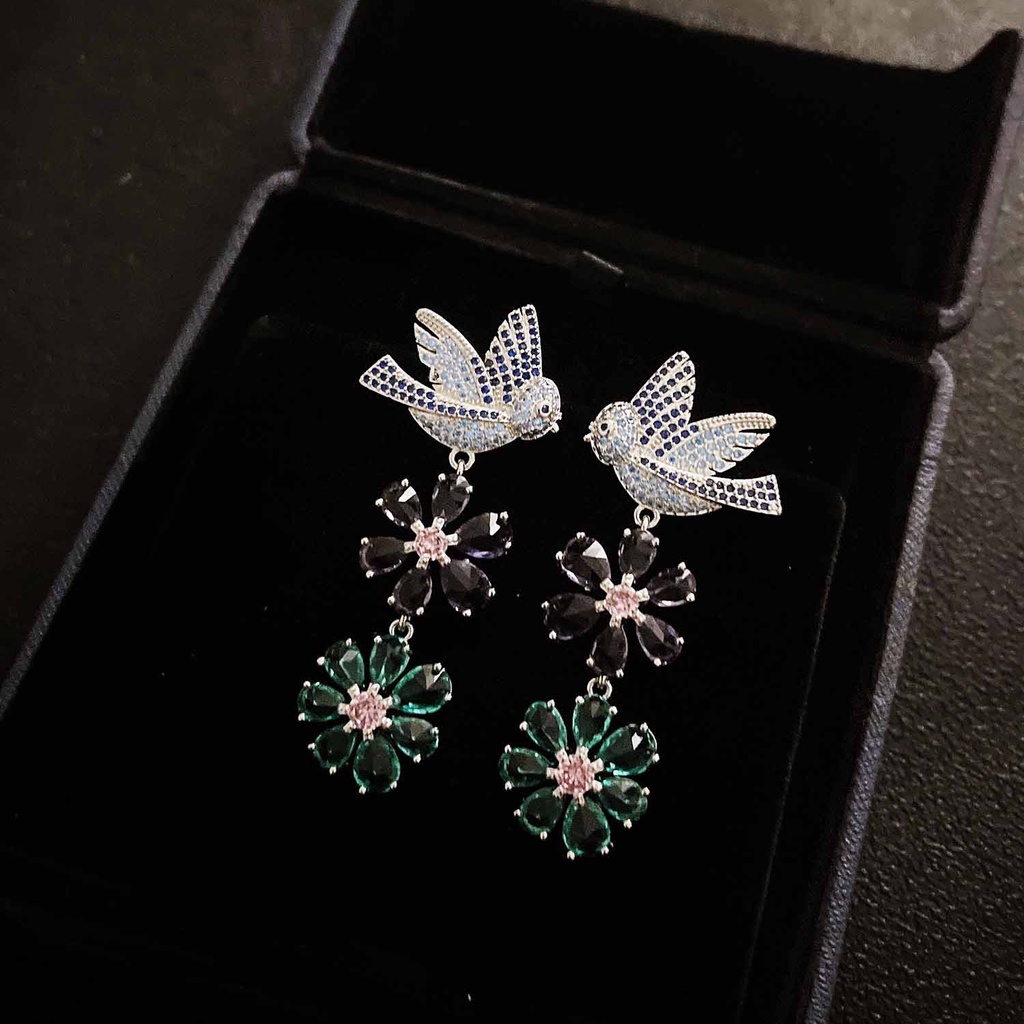 Goldkingdom Aksesoris Perhiasan Fashion Ready Stock Anting Bunga Vintage Kelopak Berlian Heavy Duty Dengan Micro Full Diamond Bird Earrings