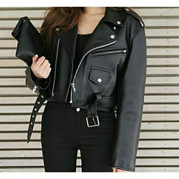 Foratjin- Jaket Kulit Wanita Crop Rock n Roll Ramonez Semi Kulit  Vienna Korea