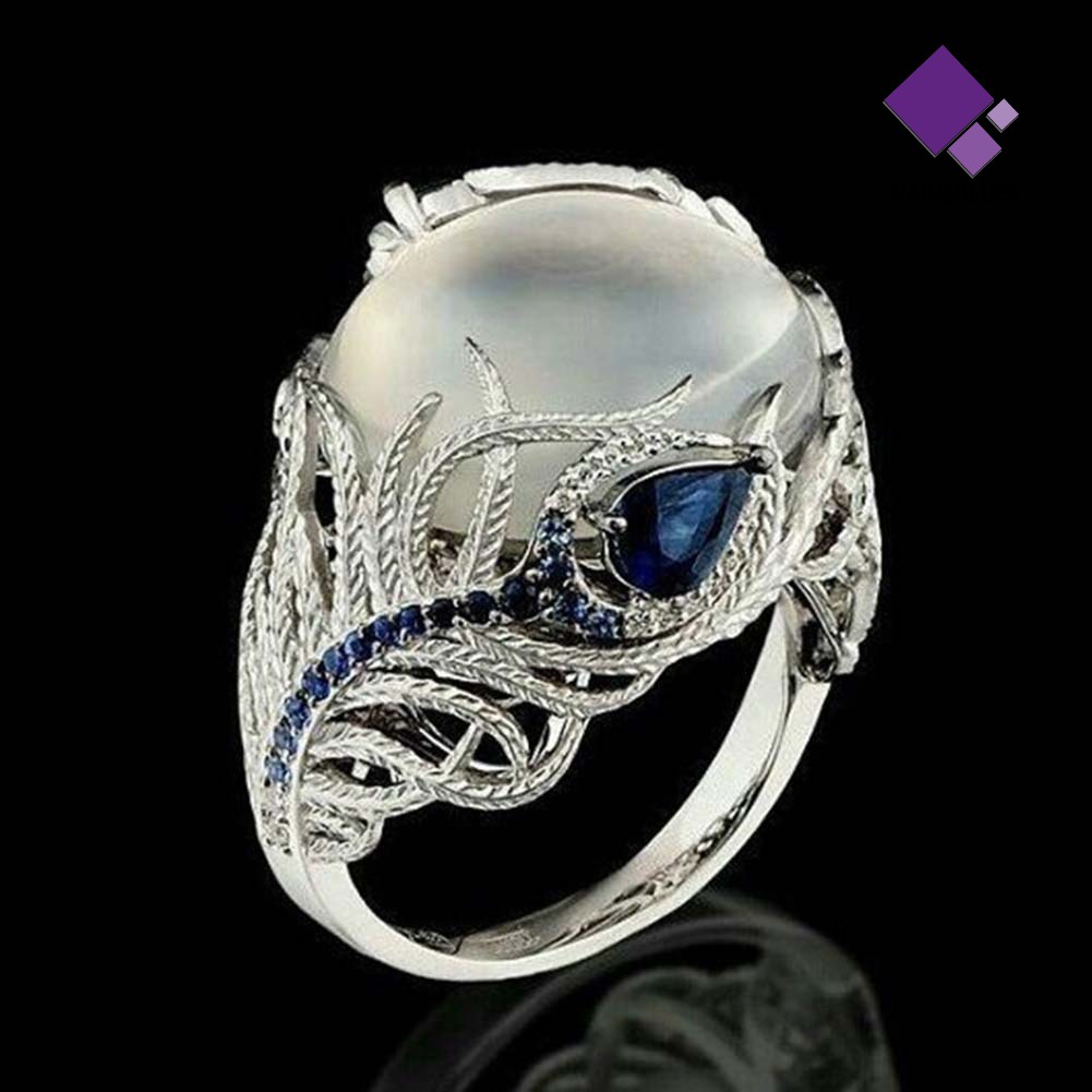 &lt; Naiveblues &gt; Wanita Faux Sapphire Opal Hias Bulu Merak Jari Cincin Perhiasan Hadiah