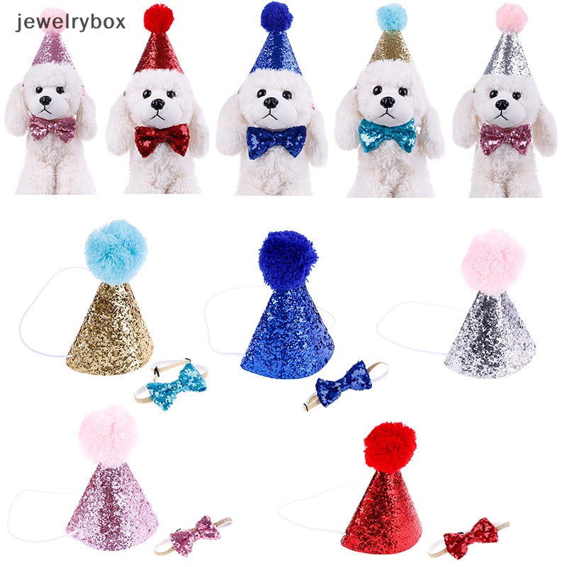 [jewelrybox] Pet cat dog happy birthday hat party crown &amp; tie soft cap puppy Hiasan Kepala  Butik