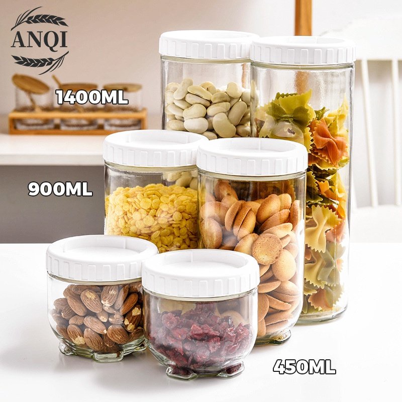 ANQI 1888 4IN1 Stoples Kaca / Toples Kotak Snack Kedap Udara Penyimpanan Bening Cereal Kontainer Makanan Food Storage Jar Container