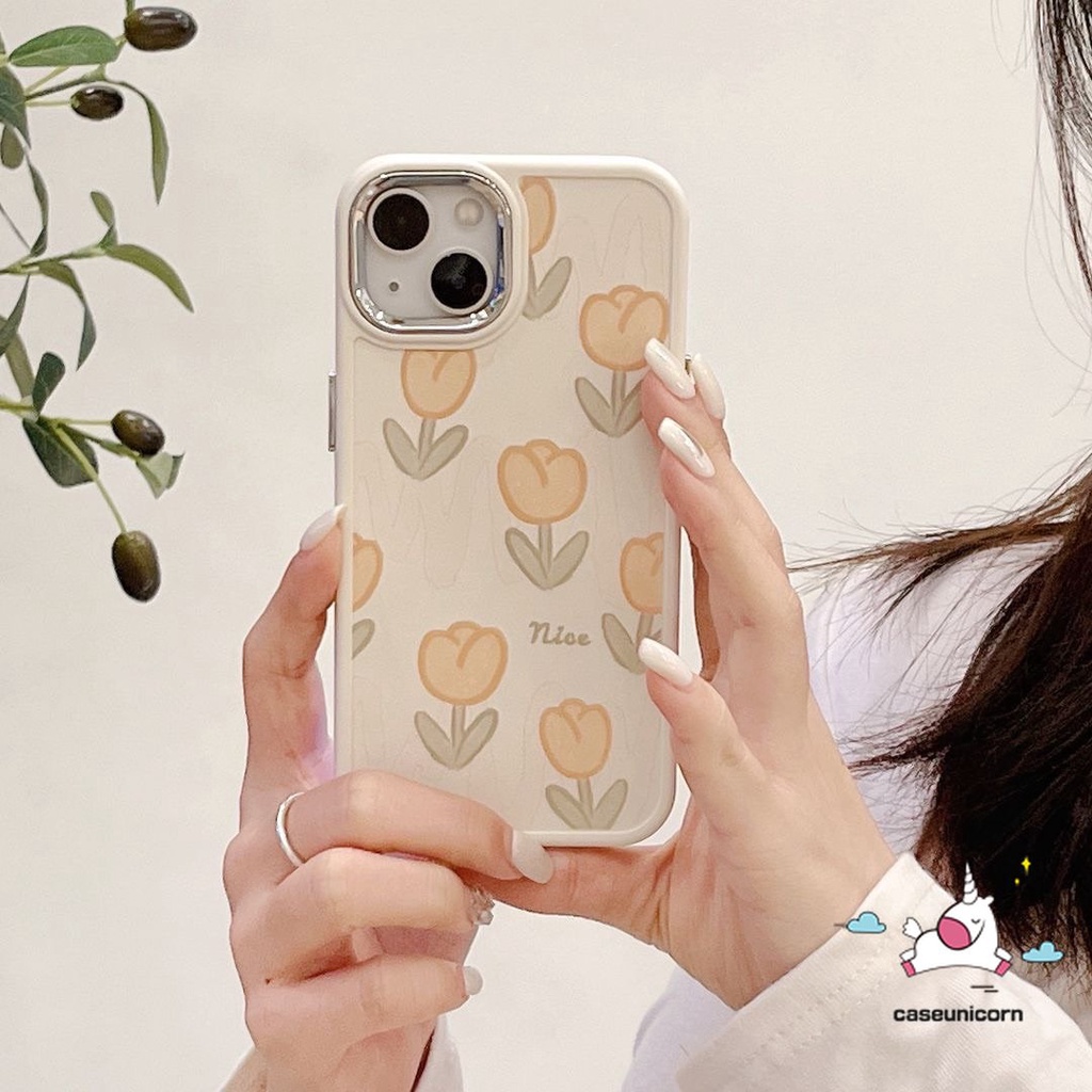Casing Ponsel Kompatibel Untuk IPhone 7plus 8plus XR 11 14 12 13 Pro MAX X 7 8 Plus XS MAX Fresh Bunga Tulip Mewah Plating Electroplate Bingkai Lensa Logam Shockproof Soft Cover