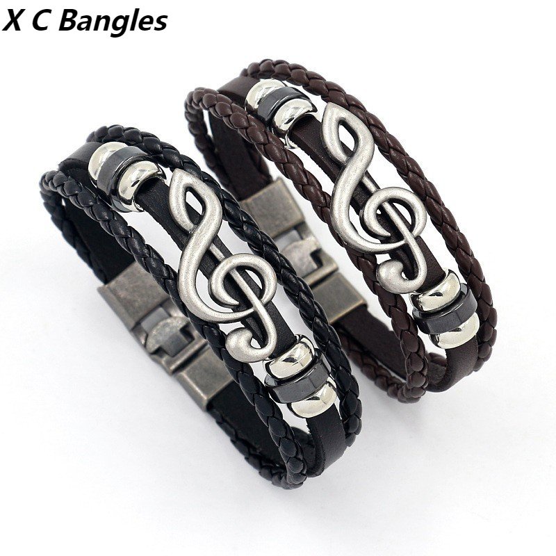 [X C Gelang] Nota Baru Gaya Gelang Kulit Hitam Vintage Hip Hop Punk Gelang Kulit Lengan Manik-Manik Multi Layer Zinc Alloy Anyaman Gelang