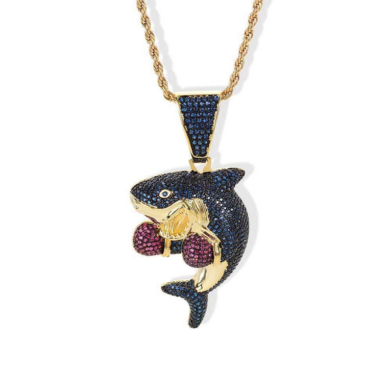 Cubic Zirkon Tinju Hiu Liontin Kalung Warna Emas Pesona Bling Pria Rantai Keluar Neckalce Hip Hop Anime Liontin Pesta Perhiasan