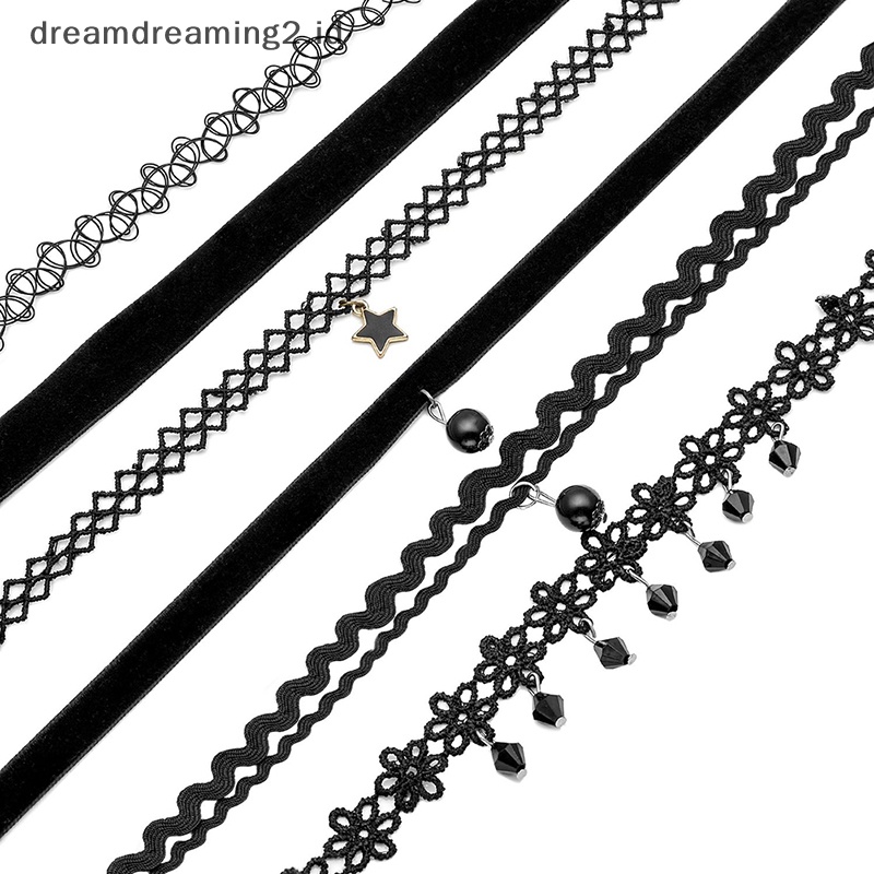 (drea) 6 Pcs Wanita Hitam Beludru Choker Kalung Gadis Renda Choker Tato Kalung Liontin//