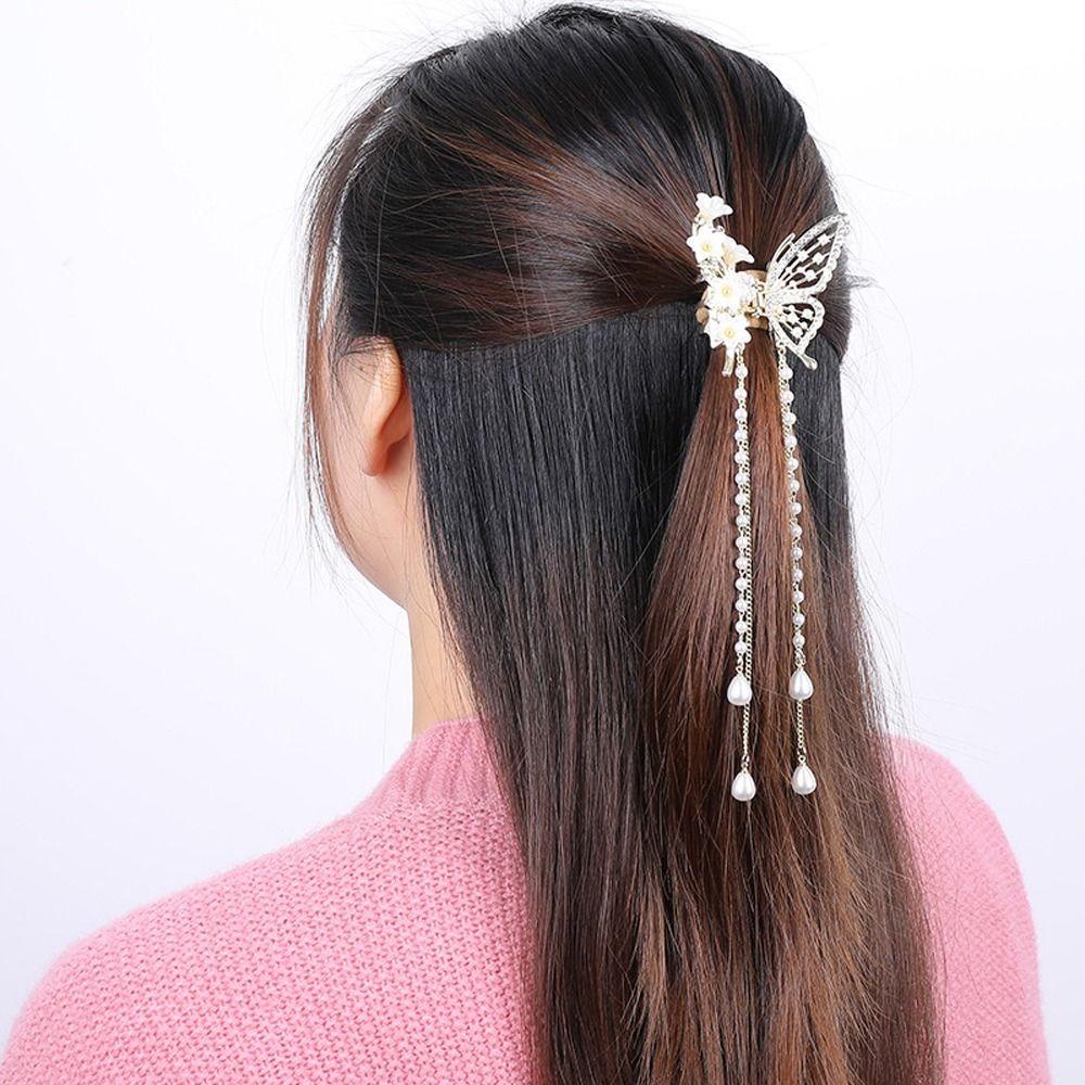 Needway  Kupu-Kupu Rambut Cakar Lucu Pesta Hiasan Kepala Bergaya Mutiara Rambut Kepiting Klip Rambut Klip Rumbai Ponytail Holder Besar Hairgrips