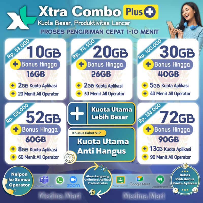 INJECT KUOTA XL XTRA COMBO PLUS REGULAR INTERNET MURAH 10GB 20GB 30GB 52GB 72GB KUOTA BESAR 30D 24H